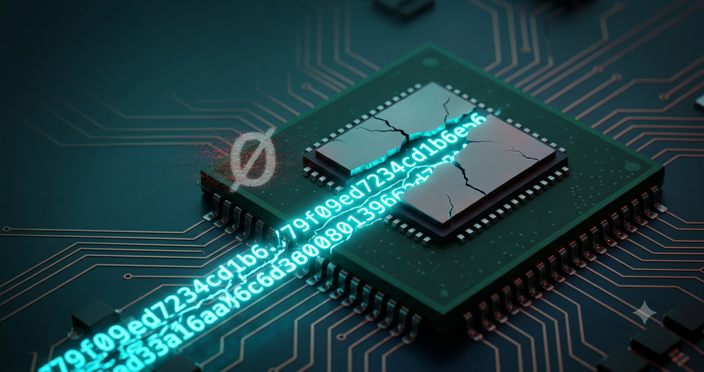 Split-tone illustration: a microcontroller with a git commit hash flowing into it, and a null symbol