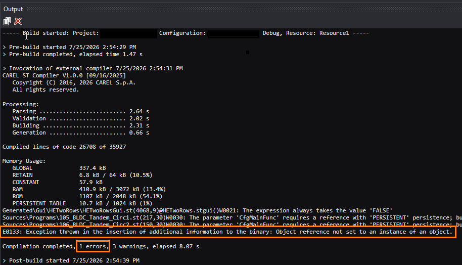 Carel STone build output: full compile succeeds, then E0133 on the post-build step