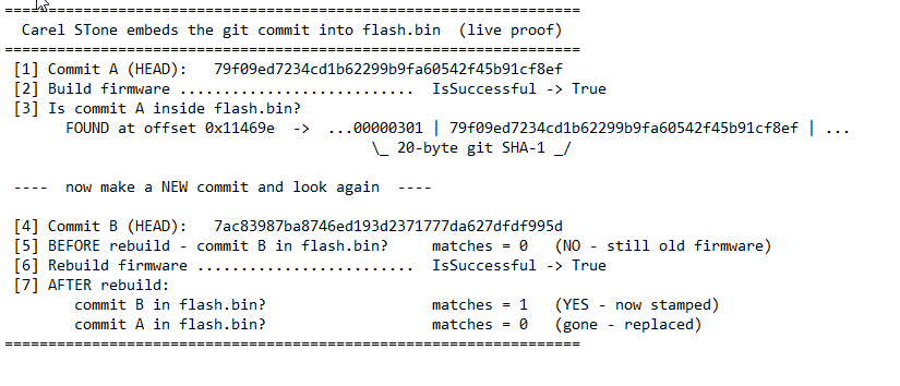 Live proof: the git commit in flash.bin changes with each build