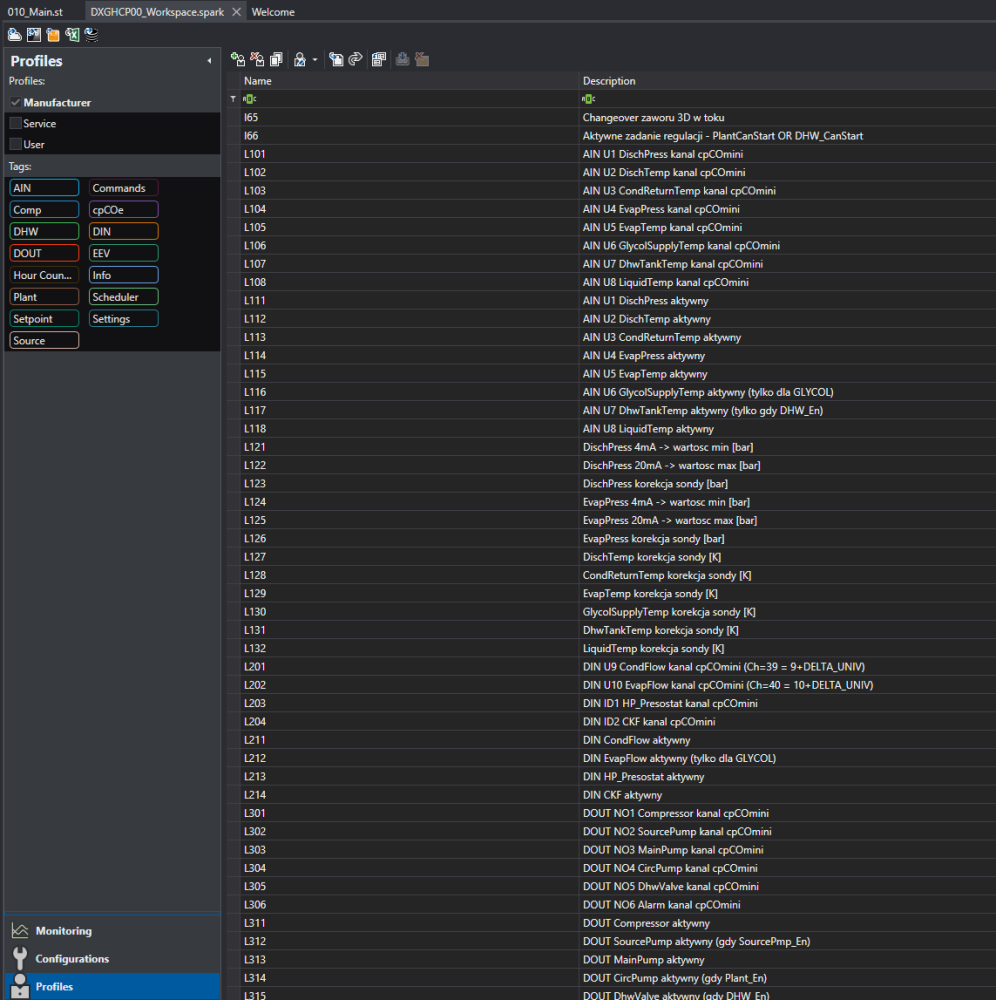 Profiles panel in the STone Commissioning workspace with the parameter assignment table