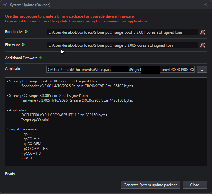 Target System Update window with the embedded binary selected as Application