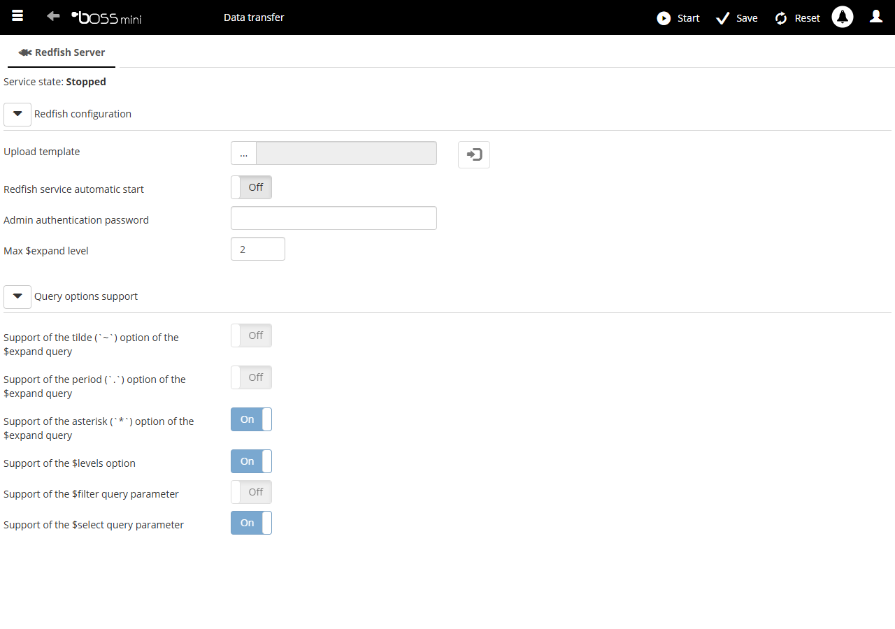 The Redfish Server configuration page in BOSS