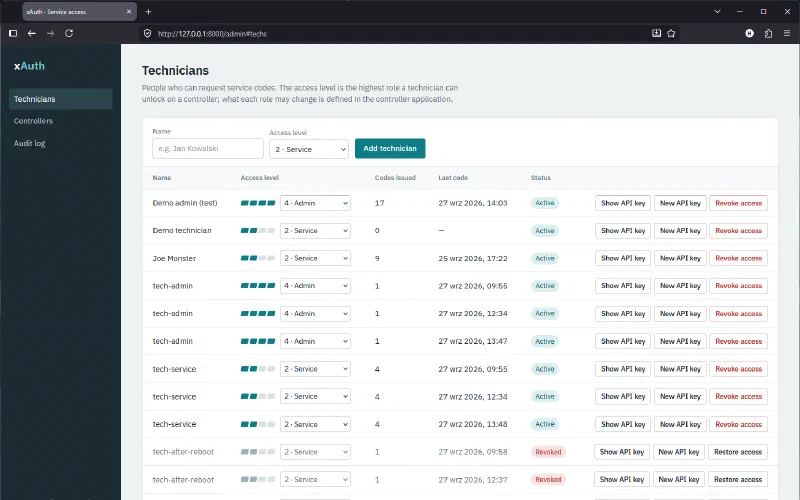 The xAuth admin panel with the list of technicians, their access levels, the number of issued codes and their status