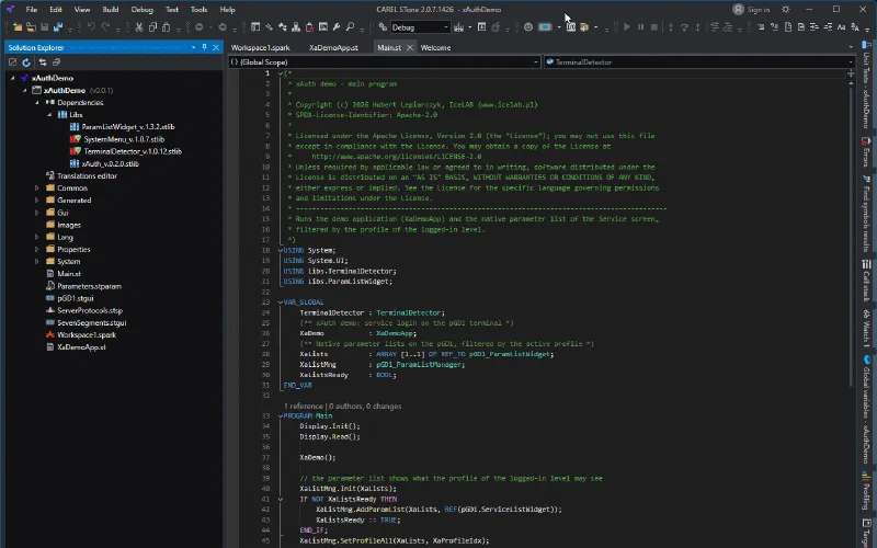The Solution Explorer window in STone 2 with the xAuth_v.0.2.0.stlib library in the project dependencies